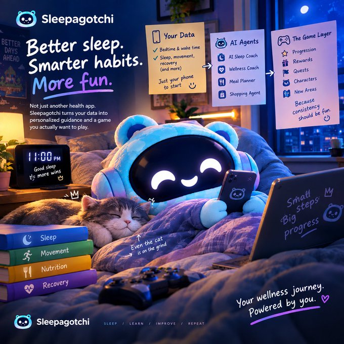 A promotional image for 'Sleepagotchi' featuring a cute blue bear-like character with a smiley face on its screen, surrounded by icons depicting sleep, movement, nutrition, and recovery, with text promoting 'Better sleep. Smarter habits. More fun.'