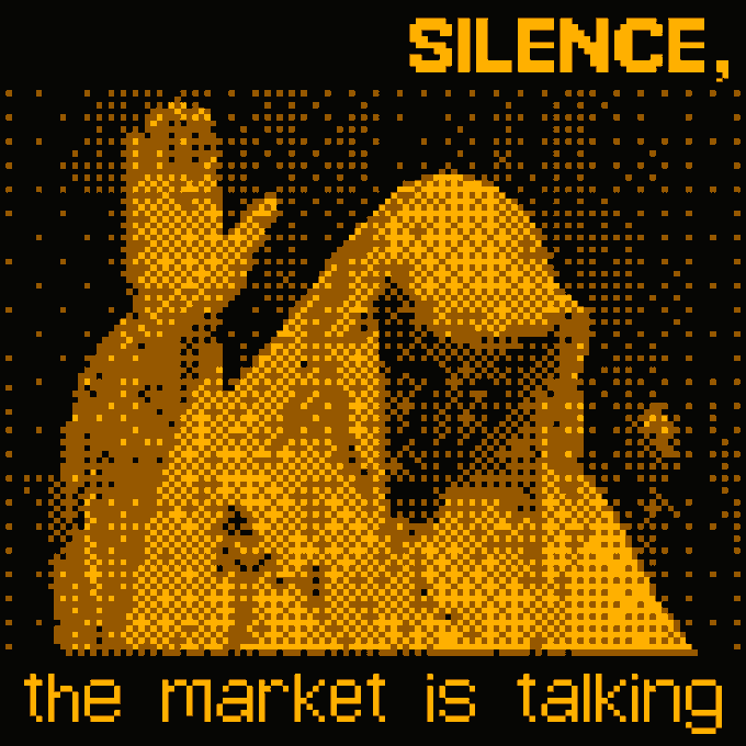 A pixelated orange and black graphic of a hooded figure with a raised hand, alongside the text "SILENCE, the market is talking." The ominous artwork ties into the post's announcement of presenting a new NFT piece at @NFTmorning, evoking the silent observation of market trends within the crypto art community.