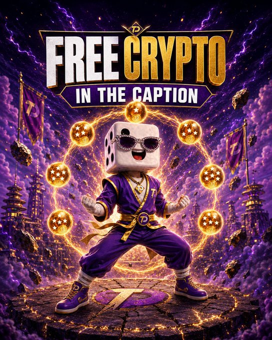 A dice-headed mascot in purple martial arts attire strikes a powerful pose, surrounded by glowing star coins and lightning, with bold text reading "FREE CRYPTO IN THE CAPTION." The image promotes the "#FREECRYPTO" giveaway linked in the caption, visually reinforcing the post's call to claim crypto and power up the squad.