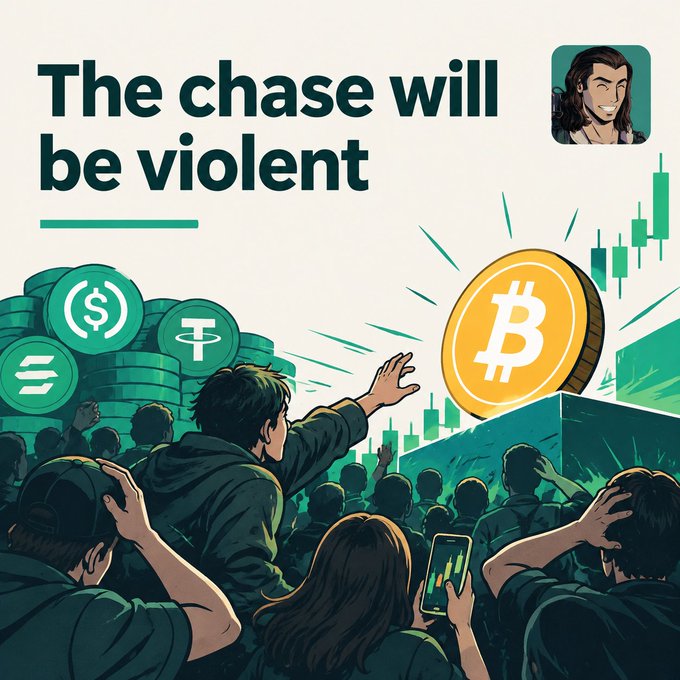 An illustrated graphic features the text 'The chase will be violent' above a chaotic scene of people reaching for a large golden Bitcoin coin, alongside logos for USDC, Tether, and Solana.