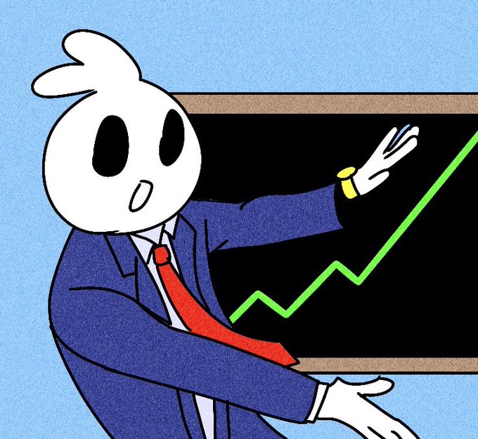 A cartoon drawing of a white rabbit-headed character in a blue business suit and red tie pointing toward an upward-trending green line graph on a black board.
