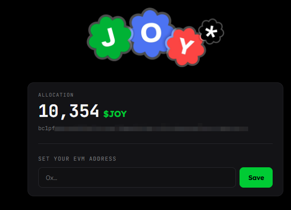 A dark-themed web interface showing a token allocation of 10,354 $JOY with a field to 'SET YOUR EVM ADDRESS' and a green 'Save' button, topped with a colorful 'JOY' flower logo.
