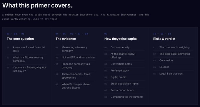A table of contents for Oscar Zarraga Perez's primer on Bitcoin treasury companies, organized into four sections: "The core question" (items 01-03), "The evidence" (04-08) covering treasury metrics and Bitcoin-per-share comparisons, "How they raise capital" (09) listing instruments like common equity, ATM offerings, convertible notes, and zero-coupon bonds, and "Risks & verdict" (10-12). The structure visually maps the primer's argument that buying a Bitcoin treasury company is more complex than purchasing Bitcoin directly.