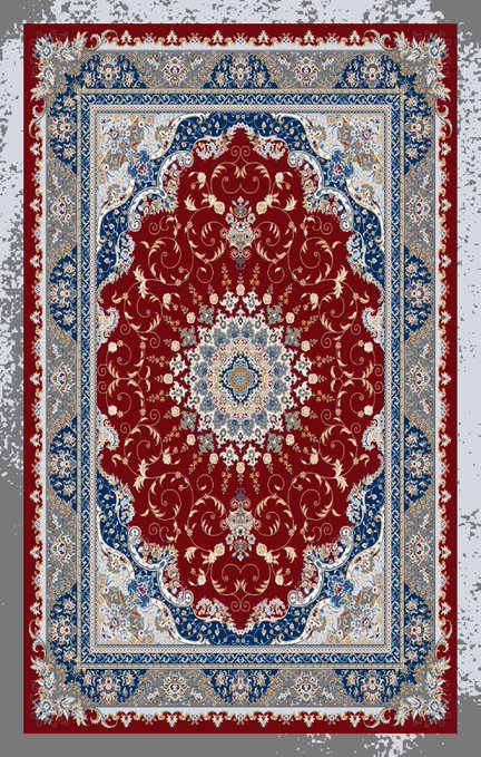 A traditional Persian-style rug featuring an ornate floral medallion pattern in deep red, blue, and cream tones with decorative borders.