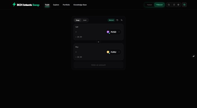 A screenshot of the BCH Infinite Swap platform, showing a trade interface to sell PUSD and buy EURU.