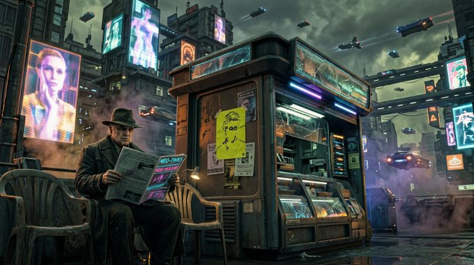 A cyberpunk-style digital artwork depicting an older man in a trench coat and fedora reading a newspaper while sitting on a chair next to a small kiosk in a neon-lit futuristic cityscape with flying vehicles overhead.