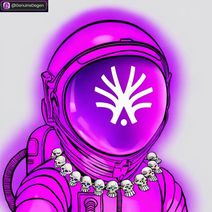 A stylized purple astronaut figure with a reflective visor displaying a white tree-like symbol wears a necklace of small white skulls, set against a soft purple glow. The "@GenuineDegen" handle appears in the top left corner, while the cosmic, mysterious design evokes the pioneering spirit of the @actionmodelai community-owned Large Action Model highlighted in the post.