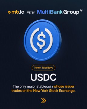 A promotional graphic for 'mb.io' and 'MultiBank Group' features a blue USDC coin logo with the text 'Token Tuesdays' and 'USDC - The only major stablecoin whose issuer trades on the New York Stock Exchange.'