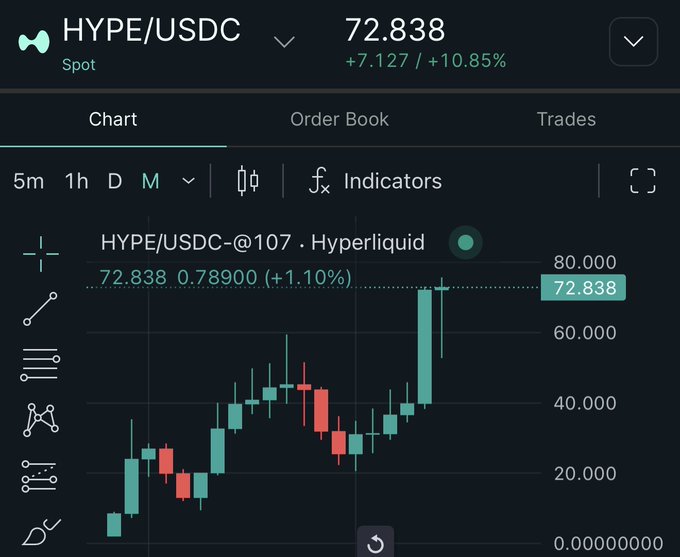 The image shows an animated stock market chart with various stock symbols displayed against different price points. One of the symbols shown is "HYPE/USDC" which stands for hype/usdc, indicating a high-risk speculative strategy often employed by investors in the cryptocurrency market. The chart represents how the price of a certain cryptocurrency has been fluctuating over time.