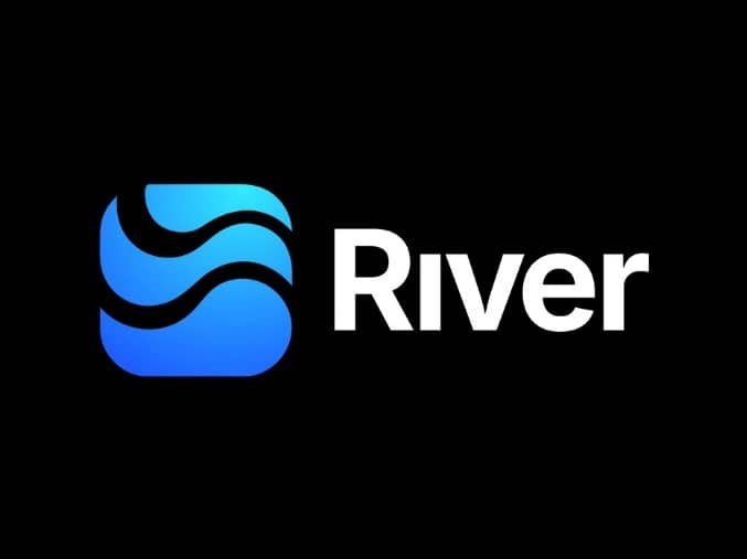 The River logo is displayed with a blue and cyan wave-like icon next to the white text 'River' on a black background.