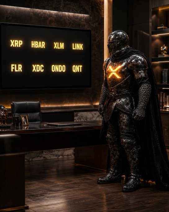 A knight in armor with the XRP logo glowing on its chest stands in front of a screen displaying various cryptocurrency tickers like XRP, HBAR, XLM, LINK, FLR, XDC, ONDO, and QNT. This image visually represents the strength and resilience of the XRP Army, as alluded to in the accompanying post.