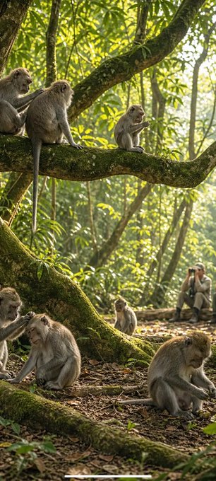 Several macaque monkeys with long tails sit and groom each other among the mossy roots and branches of a lush green jungle forest.
