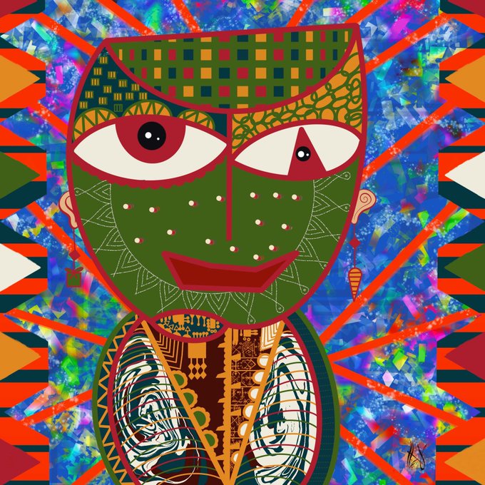 A vibrant, abstract digital painting of a face with asymmetrical eyes, set against a colorful geometric background with patterns on the body.