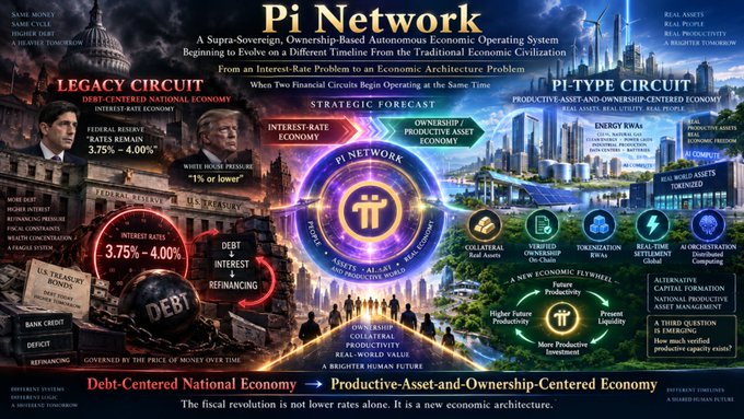 A detailed infographic comparing the "Legacy Circuit" debt-centered national economy (left) with the proposed "Pi-Type Circuit" productive-asset-and-ownership-centered economy (right), titled "Pi Network: A Supra-Sovereign, Ownership-Based Autonomous Economic Operating System," highlighting a federal reserve rate range of 3.75%-4.00%, White House pressure for 1% or lower, and key terms such as "Interest-Rate Problem," "Economic Architecture Problem," "STRATEGIC FORECAST," "DEBT REFINANCING," "PRODUCTIVE ASSETS," "ENERGY RWA," "TOKENIZATION," and "A NEW ECONOMIC FLYWHEEL," visually supporting the post's thesis that Pi Network commercialization could shift America's national debt issue from a conventional interest-rate dilemma to a fundamental restructuring of the financial system.