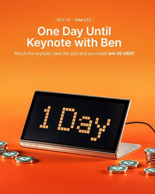 An orange promotional graphic announces 'One Day Until Keynote with Ben' on 'OCT 13 - 7AM UTC', offering a chance to win 20 USDT.