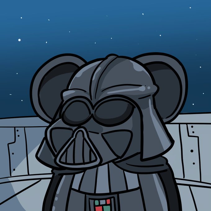 Cartoon illustration of Darth Vader with Mickey Mouse-style ears, hands clasped in prayer against a starry background.