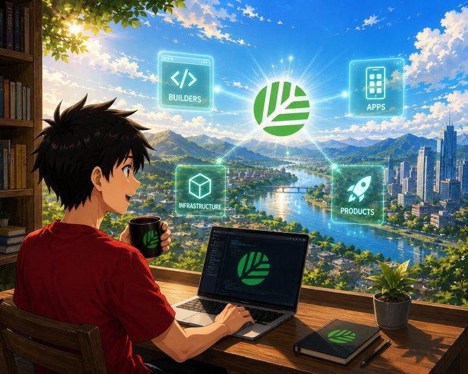 An anime-style illustration of a young man working on a laptop with a green leaf logo, surrounded by floating holographic icons labeled 'BUILDERS', 'APPS', 'INFRASTRUCTURE', and 'PRODUCTS'.