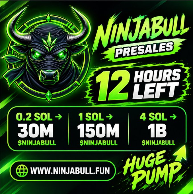 A vibrant green presale advertisement for $NINJABULL featuring a fierce bull-ninja mascot with glowing eyes, promoting "12 HOURS LEFT" and tiered pricing of 0.2 SOL → 30M, 1 SOL → 150M, and 4 SOL → 1B tokens, with the website ninjabull.fun and a "HUGE PUMP" graphic reinforcing the urgency and profit potential mentioned in the post.