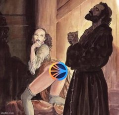 A classical painting depicting a man being punished with a paddle, overlaid with the Ripple (XRP) logo.