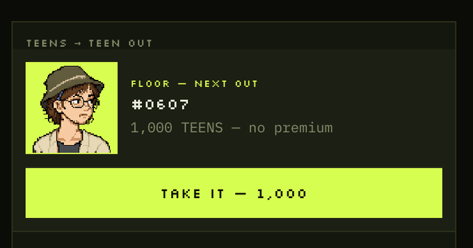 A pixel art interface screen titled 'TEENS → TEEN OUT' shows a character portrait of a boy in glasses and a hat, with details reading 'FLOOR — NEXT OUT', '#0607', '1,000 TEENS — no premium', and a button labeled 'TAKE IT — 1,000'.