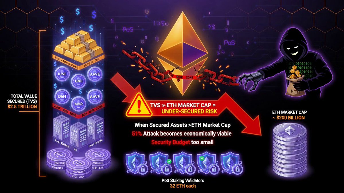 The image features a bar graph with the key information about Bitcoin (BTC), Etherium (ETH), and Ripple (XRP) markets. The title of the graph reads "When the value of all assets on Bitcoin, Etherium, & Ripple becomes valid enough to use as a security budget too small", indicating that the current market cap is being used as a measure for securing funds in these three cryptocurrencies. It shows the differences between these digital coins and how they might be utilized or compared in terms of financial security measures.