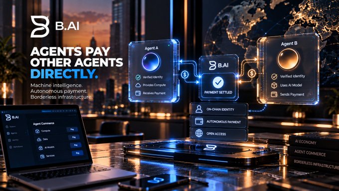 A promotional graphic for 'B.AI' advertising 'AGENTS PAY OTHER AGENTS DIRECTLY,' showcasing AI agent-to-agent payment infrastructure with text 'Machine intelligence. Autonomous payment.'
