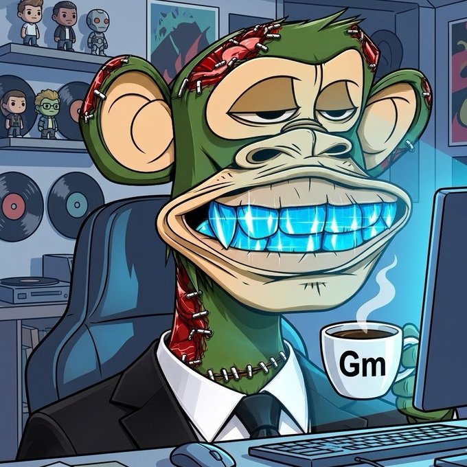 A cartoon illustration of a stitched, zombie-like monkey character with glowing blue teeth sitting at a computer desk holding a coffee mug labeled 'Gm'.