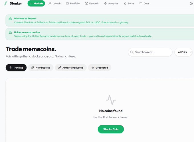 The image shows the Stonker platform's Markets page, featuring a clean interface with a "Trade memecoins" header, navigation tabs for "Trending," "New Deploys," "Almost Graduated," and "Graduated," and an empty state displaying "No coins found" with a "Start a Coin" button—visually reinforcing the post's announcement of this new Solana launchpad where meme tokens are paired against tokenized stocks rather than SOL.