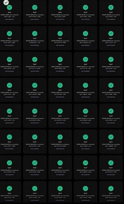The image displays a grid of 40 identical green "Sent!" confirmation notifications, each showing that 100000 MONA was successfully sent to a different cryptocurrency wallet address (e.g., G4e7v...n4qB, 7SJFp...Wzct). This visual serves as proof of distribution for the accompanying giveaway post, demonstrating that tokens are actively being transferred to participants' Solana wallets.
