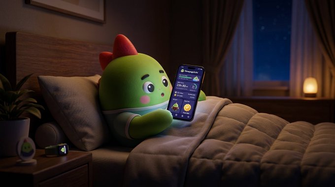 3D rendered illustration of the same cartoon dinosaur character from the first image sitting in bed at night, looking at a smartphone showing a mobile app.