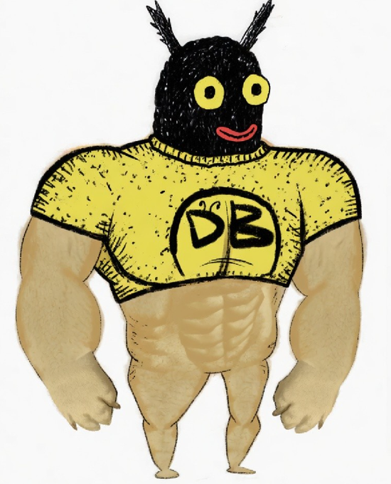 A cartoon illustration of a muscular humanoid figure wearing a yellow shirt with 'DB' printed on it, topped with a fuzzy black head featuring yellow eyes and antennae.