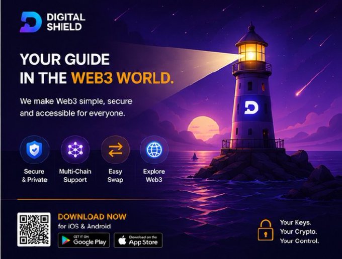 An advertisement for the 'Digital Shield' crypto wallet app with the tagline 'YOUR GUIDE IN THE WEB3 WORLD', featuring a lighthouse and listing features like 'Secure & Private' and 'Multi-Chain Support'.
