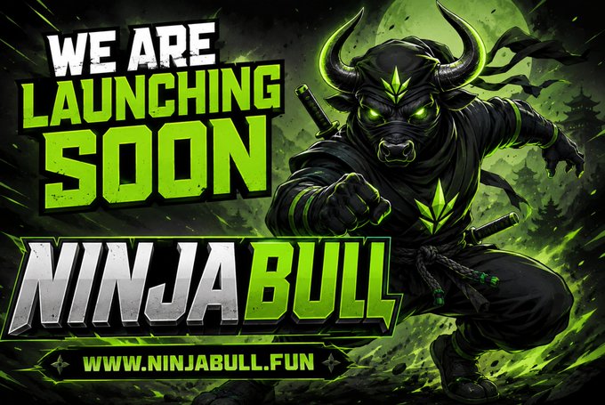 A promotional graphic for the $NINJABULL meme coin features a fierce horned ninja bull character in a battle-ready pose with glowing green eyes and accents. Bold text reads "WE ARE LAUNCHING SOON" and "NINJABULL" alongside the website "WWW.NINJABULL.FUN," perfectly matching the announcement hype for an upcoming airdrop on the Solana blockchain.