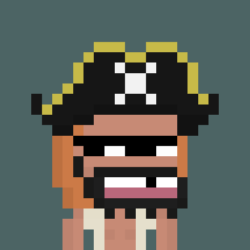 A pixel art illustration of a pirate with a black hat featuring a skull and crossbones, dark eye patch, and a striped shirt on a dark teal background.