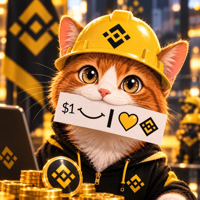 An anthropomorphic cat wearing a yellow Binance hard hat and a hooded jacket, holding a sign reading '$1 smile | heart Binance' amid stacks of golden coins and a BNB flag.