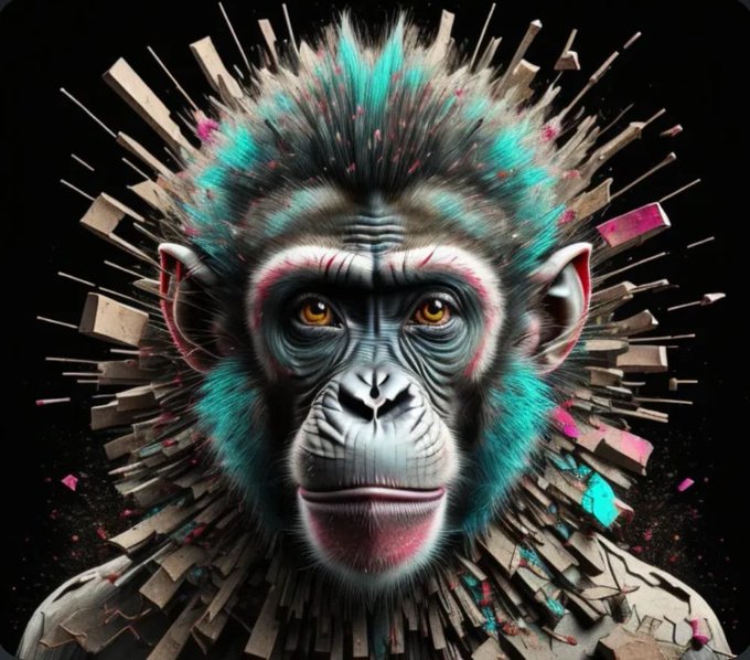 A stylized digital artwork of a monkey with an explosive burst of colorful debris and fragments radiating from its head against a black background.