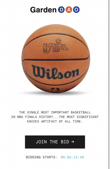 An advertisement for "Garden DAO" showcasing a Wilson NBA Finals basketball as "the single most important basketball in NBA Finals history" and "the most significant Knicks artifact of all time," with a countdown timer and a "Join the Bid" button. The image connects to the reference about the DAO that purchased the Wu-Tang Clan's "Once Upon a Time in Shaolin" album, suggesting this basketball could become a similar blockchain-backed collectible acquisition.