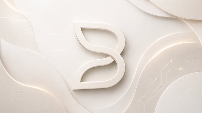 A minimalist 3D beige logo design featuring a stylized 'B' or '8' shape surrounded by flowing curves.