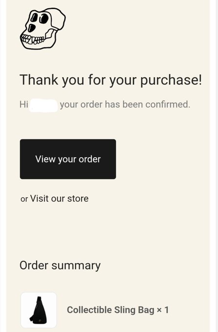 A purchase confirmation screen with a skull logo, thanking a customer for buying a 'Collectible Sling Bag x 1' with a 'View your order' button.