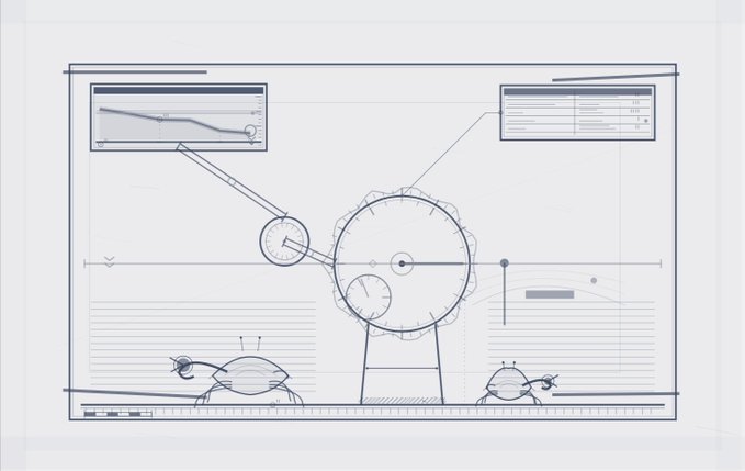 A stylized blueprint-style illustration showing a Ferris wheel design with technical diagrams, charts, and other amusement park elements like crabs.