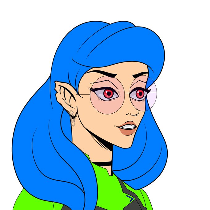 A cartoon illustration of a blue-haired female character with pointed elven ears, red eyes, round glasses, and black lipstick wearing a green jacket.