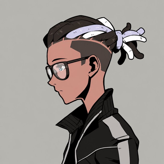 An anime-style illustration of a person in profile wearing glasses, a black jacket, and a light purple and white headband.