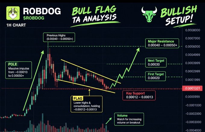 A technical analysis chart for '$ROBDOG' showing a 'BULL FLAG' and 'BULLISH SETUP!' on a 1H chart, with annotations for key support, targets, and resistance levels.