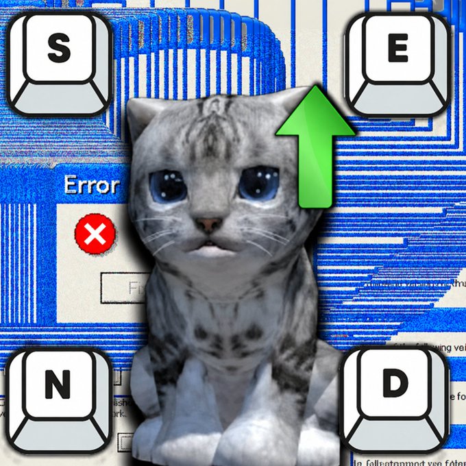 A 'Crying Cat' meme image overlaid on a Windows error dialog, surrounded by keyboard keys (S, E, N, D) spelling 'SEND' with a green arrow pointing up.