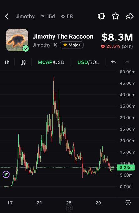 A cryptocurrency chart showing 'Jimothy The Raccoon' token with a market cap of $8.3M, down 25.5% in 24 hours, displaying a candlestick price graph.