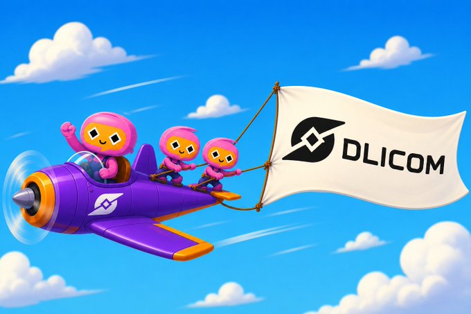 Three cheerful pink characters fly a vibrant purple airplane through a sunny blue sky, carrying a banner displaying the "DLICOM" logo and branding, visually reinforcing the post's message of forging ahead into new blockchain horizons.