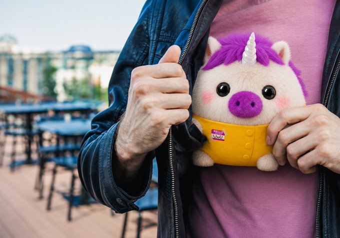 A person in a denim jacket and pink shirt gives a thumbs-up while holding a plush unicorn toy wearing a yellow 'HELLO MY NAME IS' name tag.