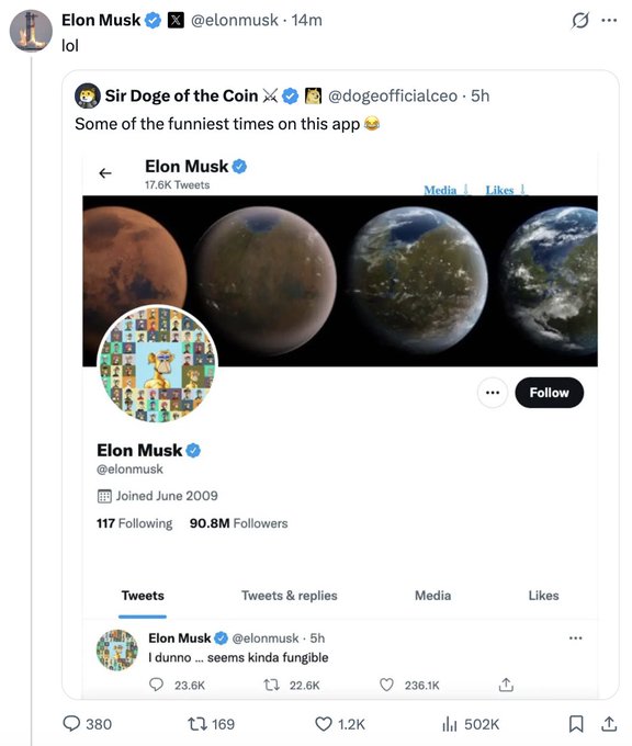 A screenshot of a tweet by Elon Musk (@elonmusk) saying "lol" in reply to @dogeofficialceo's post about "Some of the funniest times on this app," featuring Musk's profile with an image of planets and the quote "I dunno....seems kinda fungible" with 236.1K likes.