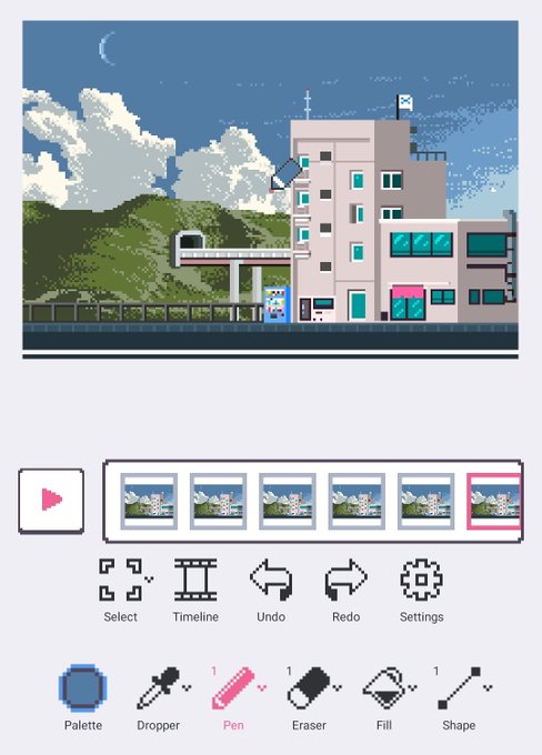 A pixel art animation interface showing a city scene with mountains and a building, along with timeline frames and editing tools (Select, Timeline, Undo, Redo, Settings, Palette, Dropper, Pen, Eraser, Fill, Shape).