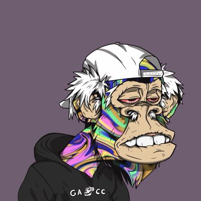 A stylized cartoon portrait of a monkey wearing a white cap and black hoodie with a rainbow-patterned face, with the text 'GASPN' visible.